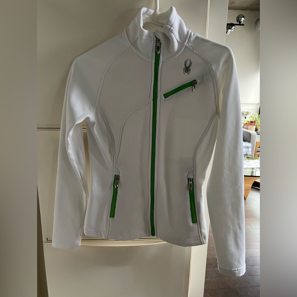 Spyder Women's Snow Jacket in White with Green Zippers